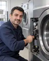 Endüstriyel Çamaşır Makinesi üzerinde çalışan teknisyen